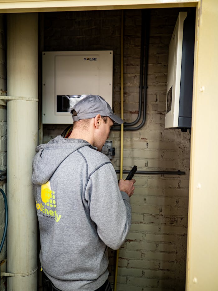 Services A technician examines solar power installations indoors, ensuring optimal performance.