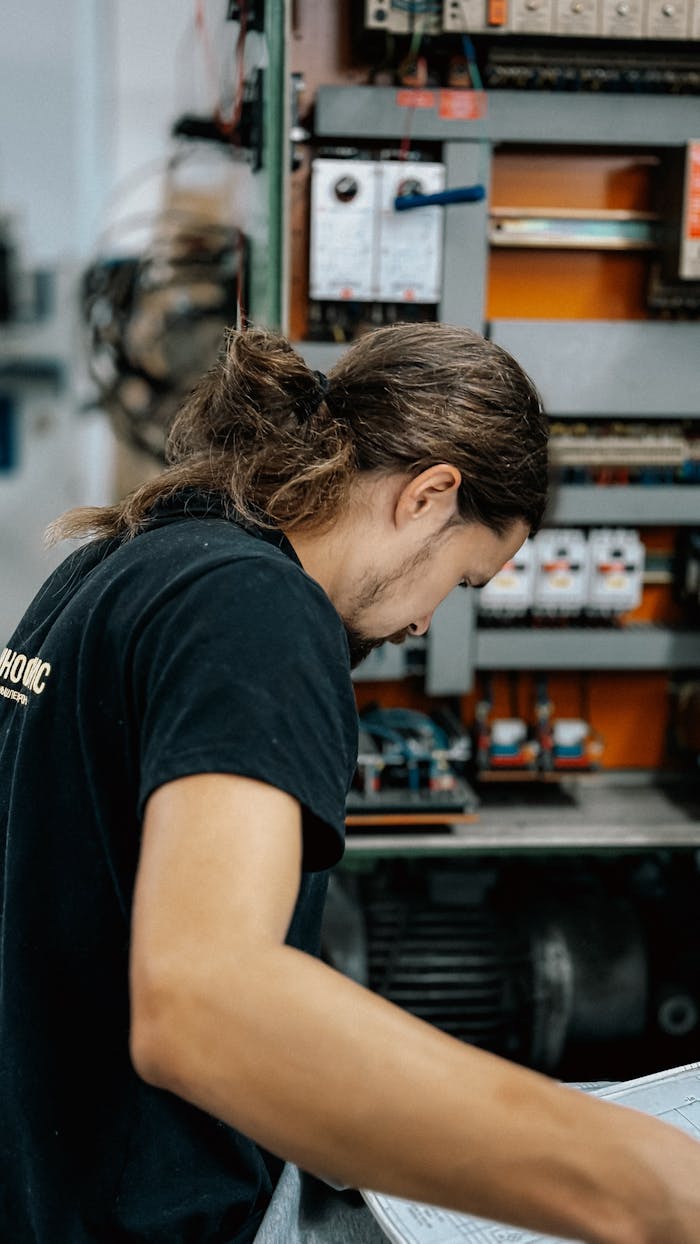 Crafting Captivating Headlines: Your awesome post title goes here Male technician inspecting an electrical panel for maintenance.