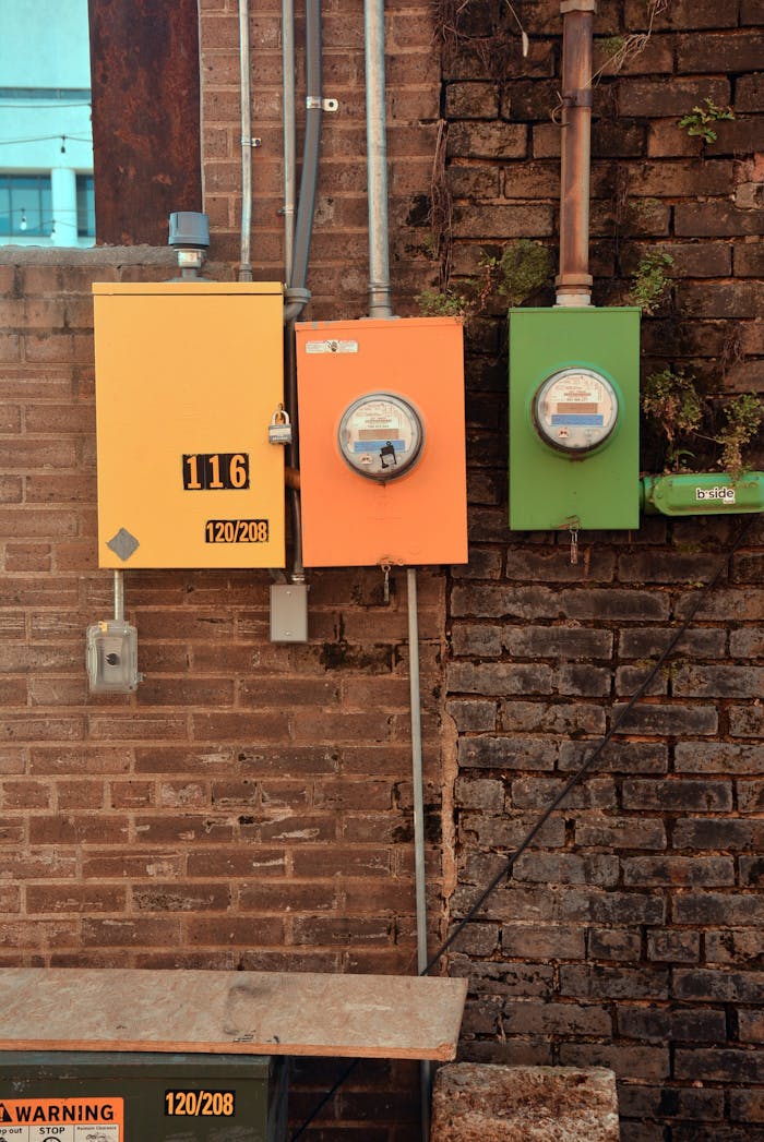 Services Colorful utility boxes on a vintage brick wall in Texarkana, highlighting urban aesthetics.